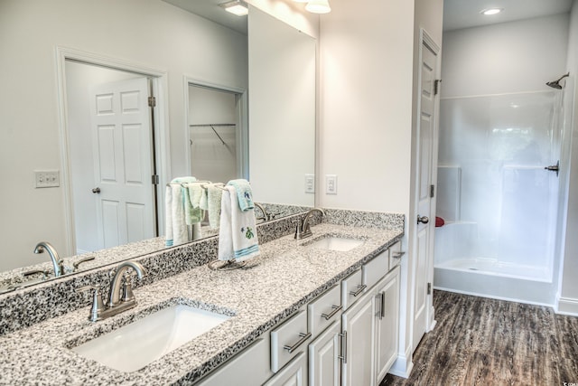 bathroom with hardwood / wood-style floors and vanity