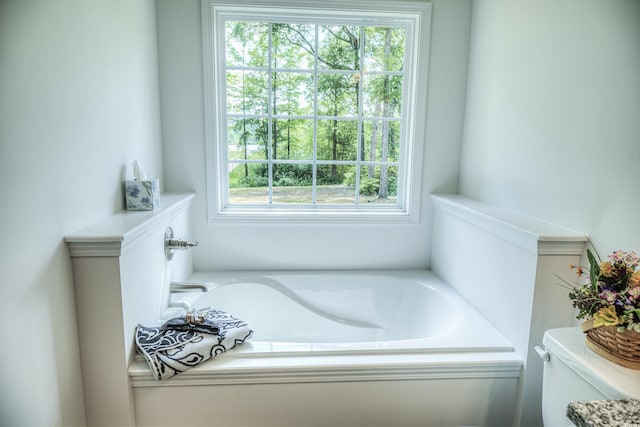 bathroom featuring toilet, a tub, and a wealth of natural light