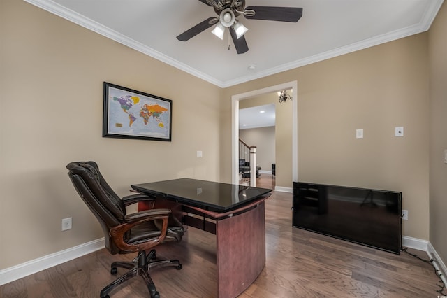 office space featuring crown molding, wood-type flooring, and ceiling fan