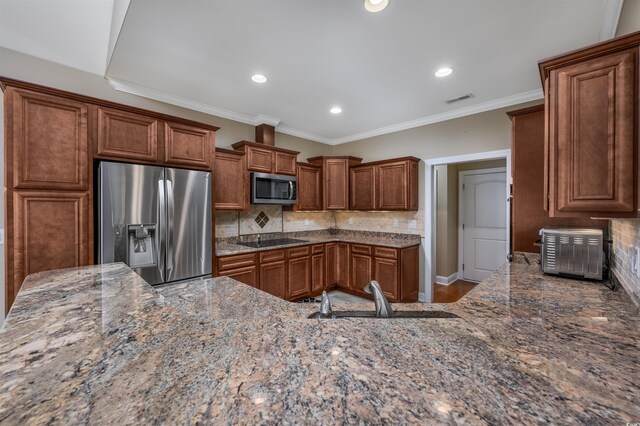 tiled dining room with crown molding and lofted ceiling