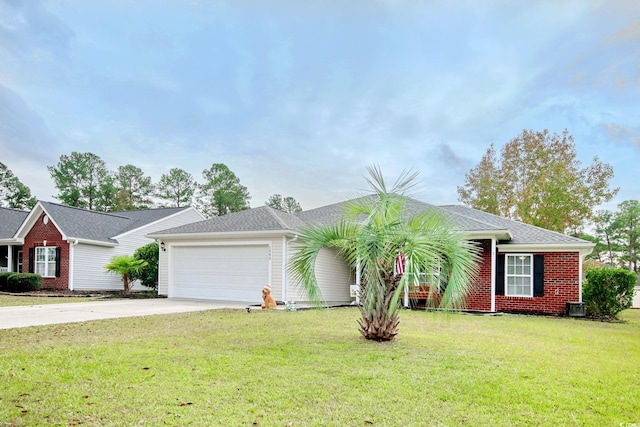 single story home with cooling unit, a front yard, and a garage