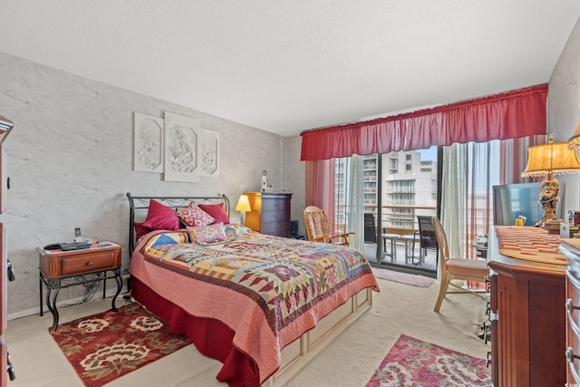 bedroom featuring light carpet