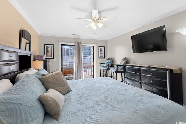 bedroom with ceiling fan, access to exterior, and ornamental molding