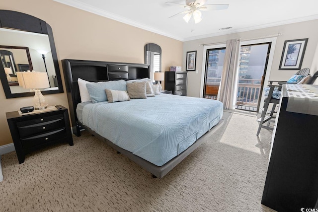 carpeted bedroom featuring access to exterior, ceiling fan, and ornamental molding