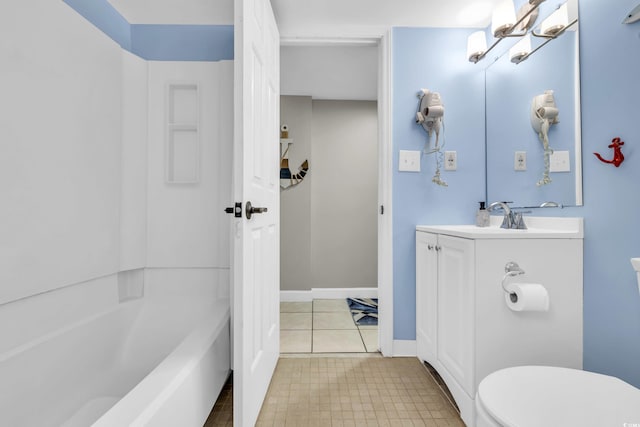 full bathroom featuring vanity, tile patterned flooring, toilet, a notable chandelier, and shower / bath combination