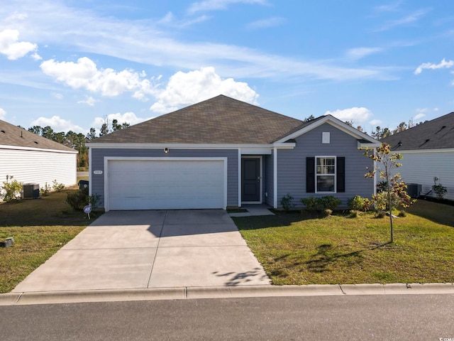 ranch-style home featuring cooling unit, a front lawn, and a garage