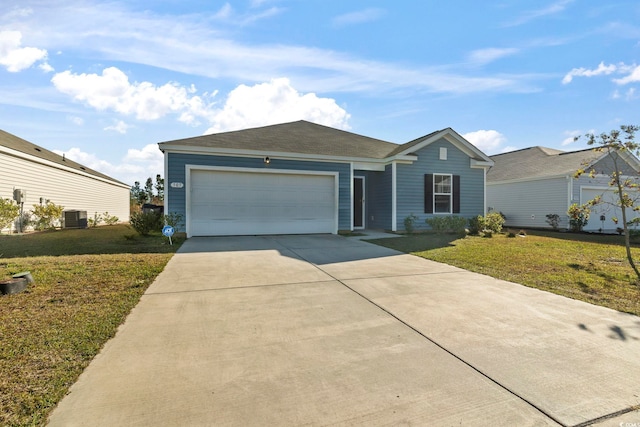 single story home with a front lawn, a garage, and cooling unit