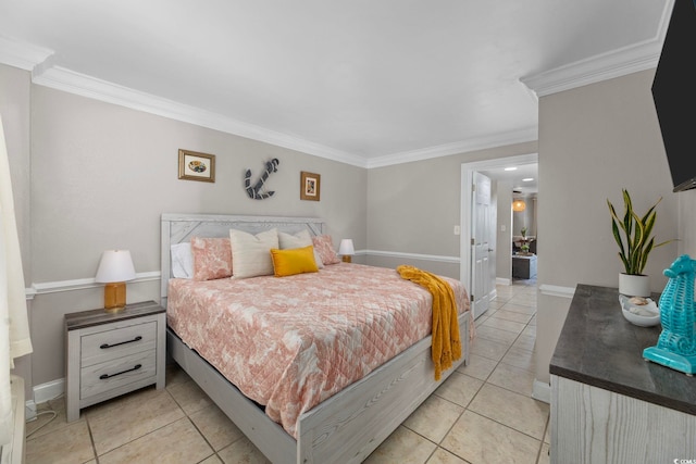 bedroom with crown molding and light tile patterned floors