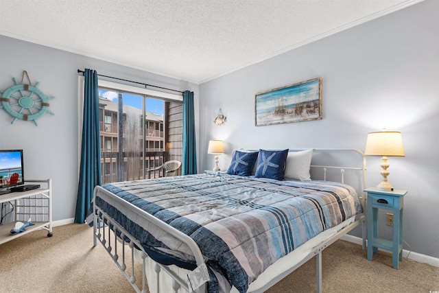 carpeted bedroom featuring a textured ceiling and crown molding