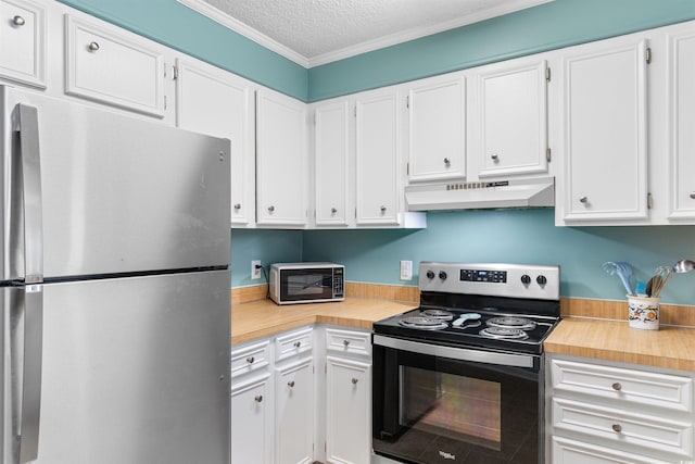 kitchen with crown molding, a textured ceiling, white cabinetry, stainless steel appliances, and extractor fan