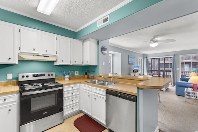 kitchen featuring kitchen peninsula, appliances with stainless steel finishes, a textured ceiling, sink, and white cabinets