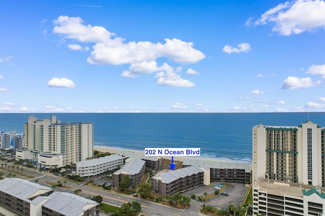 birds eye view of property with a water view and a beach view