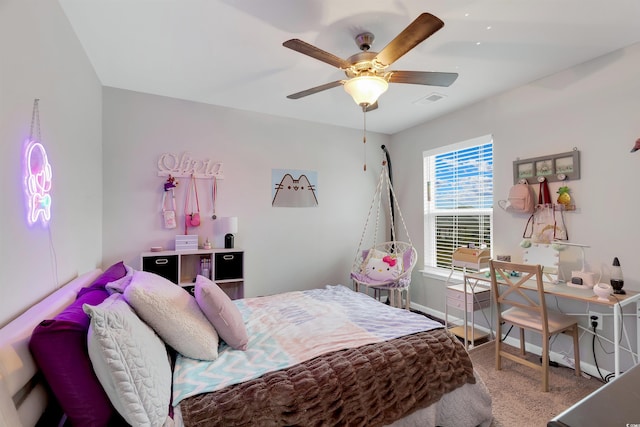 bedroom featuring ceiling fan and carpet floors