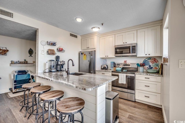 kitchen with sink, stainless steel appliances, a textured ceiling, and hardwood / wood-style flooring