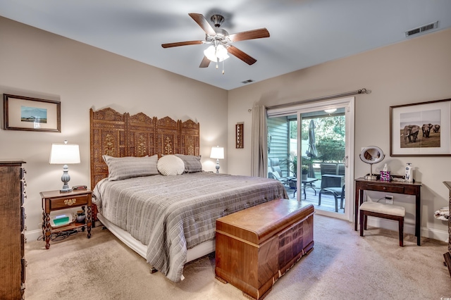 bedroom with ceiling fan, carpet floors, and access to outside