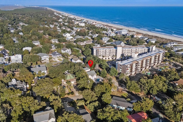 aerial view featuring a view of the beach and a water view