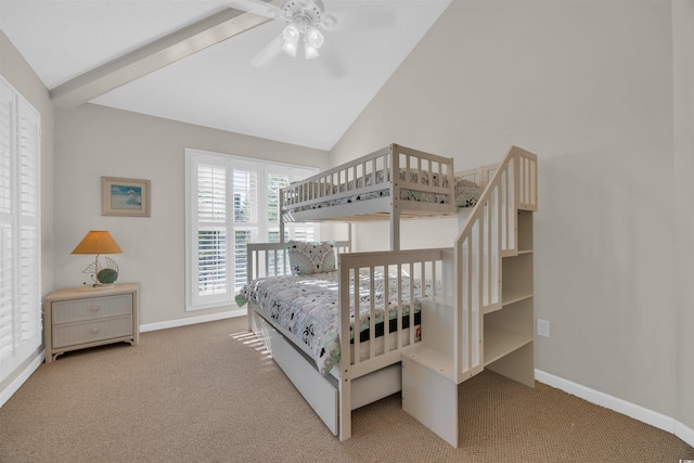 bedroom with baseboards, carpet flooring, and vaulted ceiling