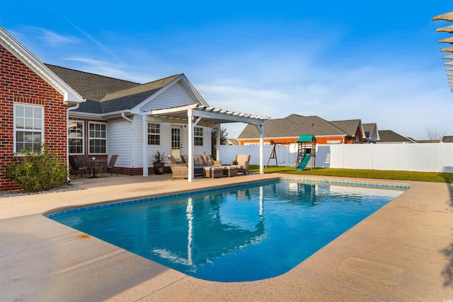 view of swimming pool featuring a playground, a fenced backyard, a fenced in pool, a pergola, and a patio area