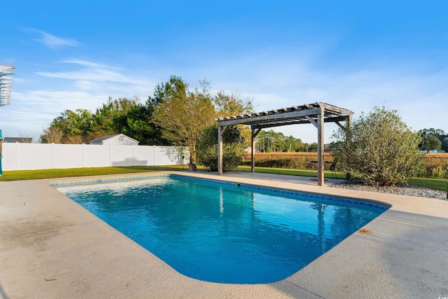 view of pool featuring a patio area, a fenced backyard, a fenced in pool, and a pergola