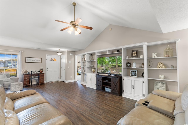 living room featuring baseboards, ceiling fan, high vaulted ceiling, and dark wood-type flooring