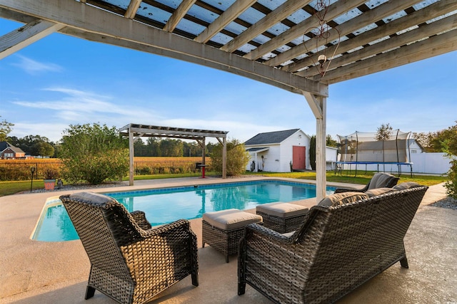 view of pool featuring a fenced in pool, an outbuilding, a trampoline, fence, and a pergola