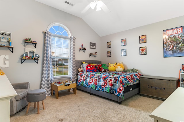 bedroom featuring lofted ceiling, ceiling fan, carpet, and visible vents