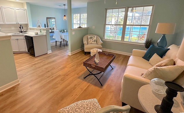 living room featuring sink and light hardwood / wood-style floors