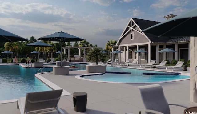 view of pool featuring a patio area and a hot tub