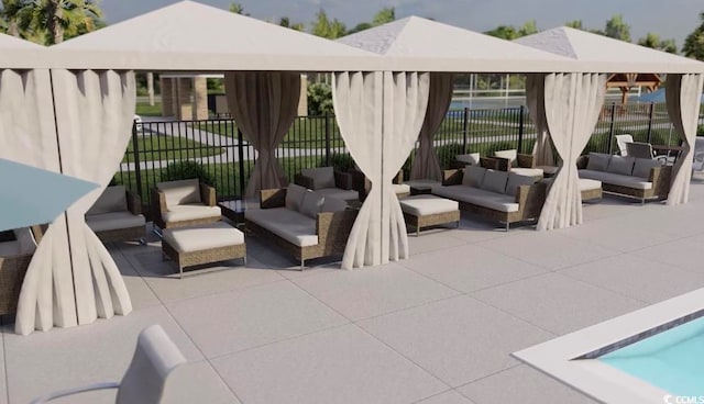 view of patio featuring outdoor lounge area and a gazebo