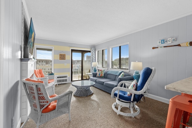 carpeted living room with crown molding, heating unit, and a textured ceiling
