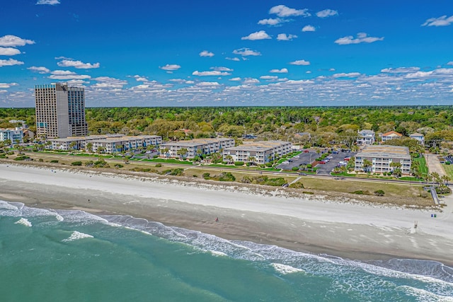 aerial view featuring a water view and a view of the beach