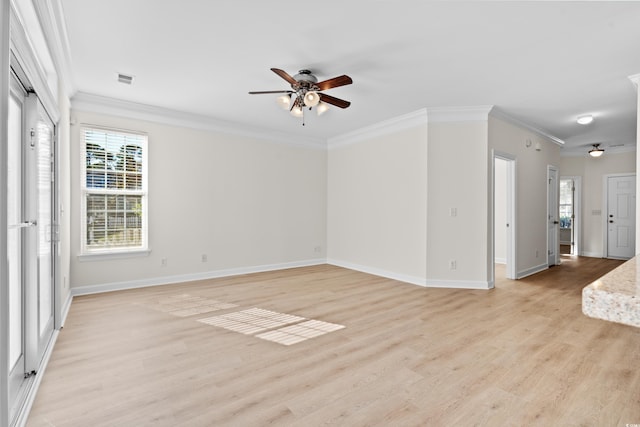 unfurnished living room featuring crown molding, ceiling fan, and light hardwood / wood-style flooring