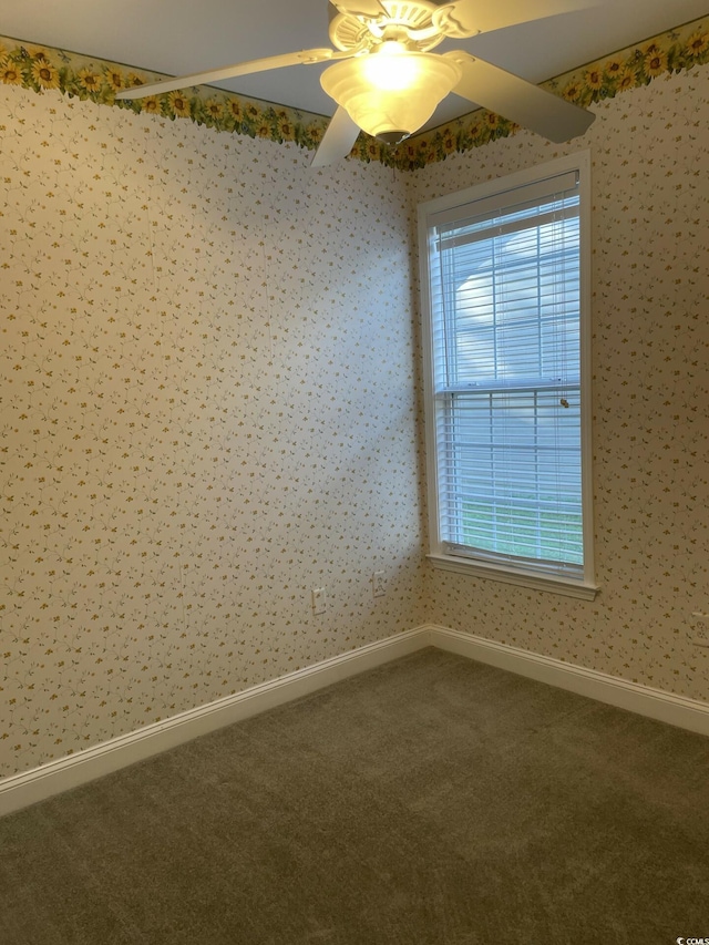 spare room featuring carpet floors, ceiling fan, and a healthy amount of sunlight