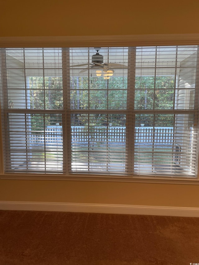 interior details featuring carpet flooring and ceiling fan