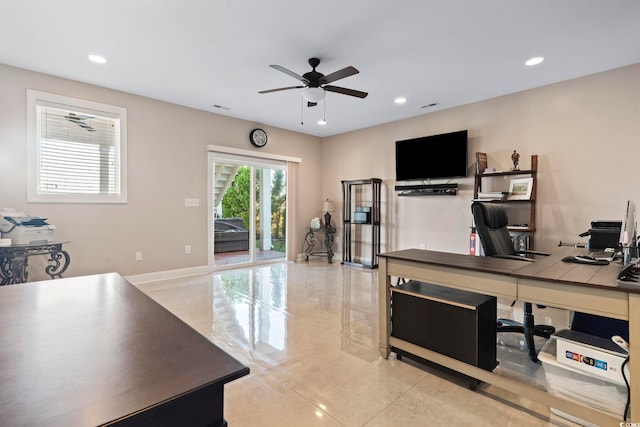 338 Harbour View Dr, Myrtle Beach, SC 29579 - office with a ceiling fan, recessed lighting, light tile patterned floors, and baseboards