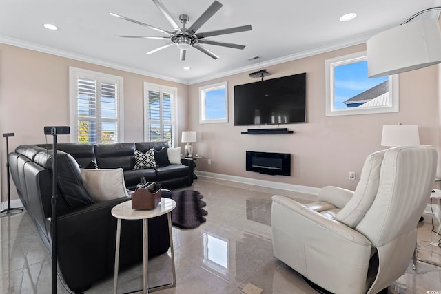 338 Harbour View Dr, Myrtle Beach, SC 29579 - living area featuring baseboards, crown molding, healthy amount of natural light, ceiling fan, and recessed lighting