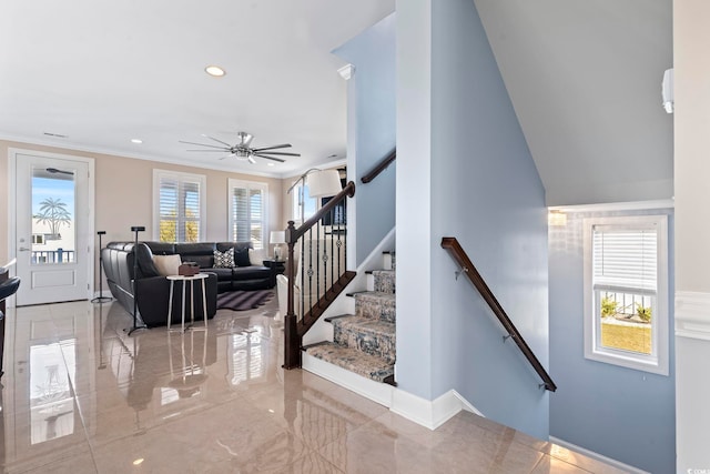 338 Harbour View Dr, Myrtle Beach, SC 29579 - staircase featuring ceiling fan, baseboards, recessed lighting, and crown molding