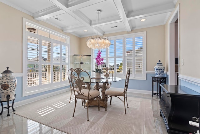 338 Harbour View Dr, Myrtle Beach, SC 29579 - dining room featuring beam ceiling, coffered ceiling, a chandelier, baseboards, and recessed lighting