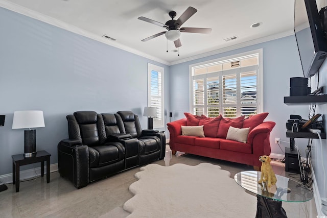 338 Harbour View Dr, Myrtle Beach, SC 29579 - living area featuring ceiling fan, healthy amount of natural light, ornamental molding, and baseboards
