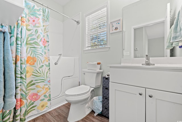 bathroom with wood-type flooring, vanity, and toilet