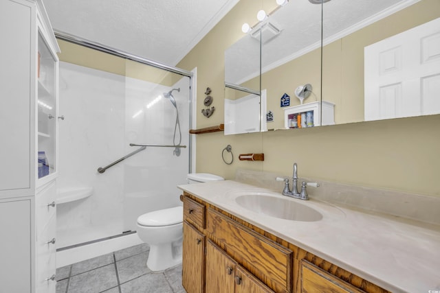 310 34th Ave N, North Myrtle Beach, SC 29582 - bathroom with toilet, a shower stall, vanity, tile patterned floors, and crown molding