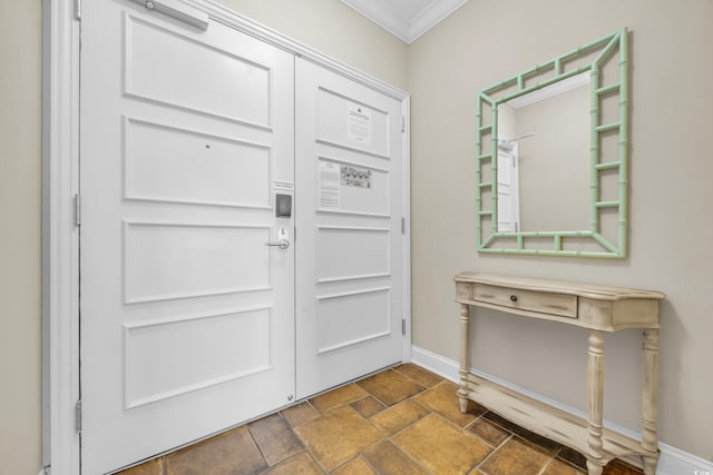 doorway featuring ornamental molding