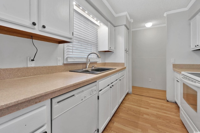 kitchen featuring white cabinetry, white appliances, crown molding, and light hardwood / wood-style flooring