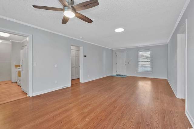 unfurnished living room featuring a textured ceiling, light hardwood / wood-style flooring, ceiling fan, and ornamental molding