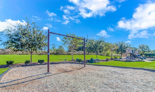 view of jungle gym featuring a yard