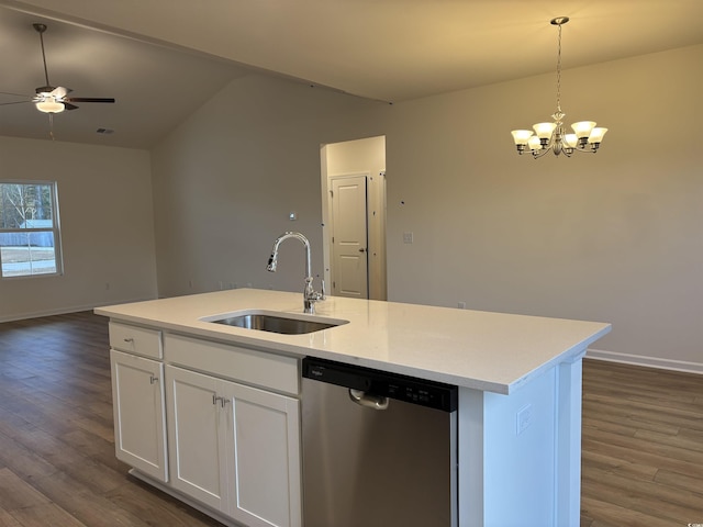 kitchen featuring dishwasher, white cabinetry, dark hardwood / wood-style flooring, sink, and a center island with sink