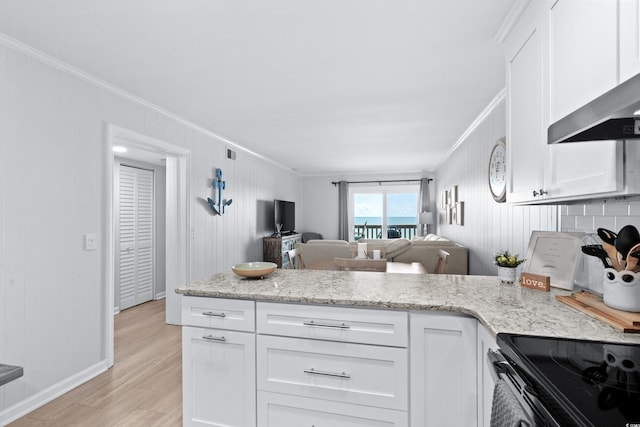 kitchen with black / electric stove, white cabinetry, light wood-type flooring, and ornamental molding