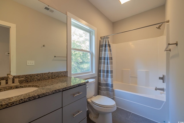 full bathroom with tile patterned flooring, vanity, toilet, and shower / bathtub combination with curtain