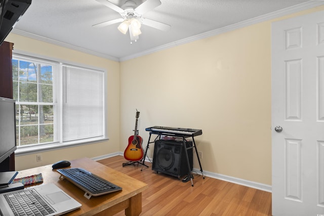 home office with baseboards, ceiling fan, light wood-type flooring, and crown molding