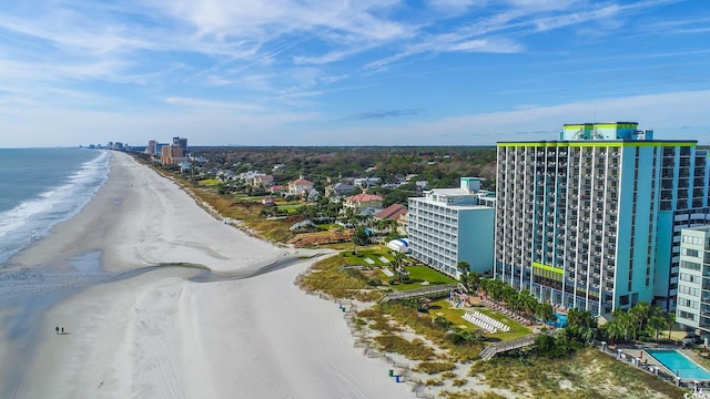 aerial view featuring a water view and a beach view